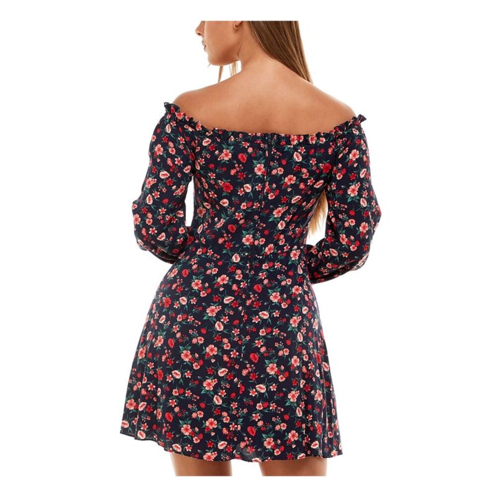 NWT B DARLIN Womens Fit + Flare Short Dress Navy Long Sleeve Evening Juniors 0 - Picture 2 of 5